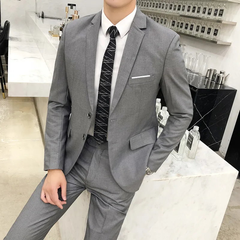 (Jackets+Pants) 2023 Men Two-Piece Business Suits/Male Slim Fit Cotton Leisure Blazers/Man Fashion High-grade Suit Black Grey