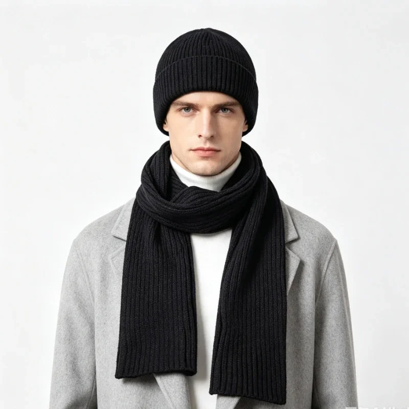 Men Winter Knitted Beanie Hat Scarf Set Thick Warm Solid Color Ribbe Skull Cap Neck Warmer Outdoor Ski Cycling Cold Weather Gift