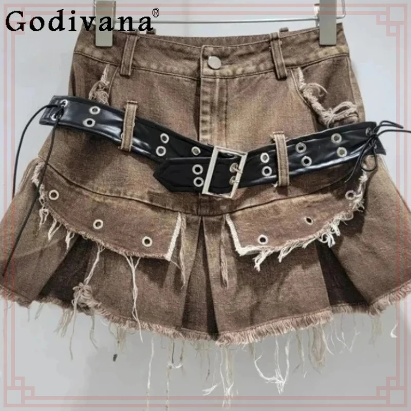 

American Retro Sexy Low Waist Super Short Tassel Splicing Pleated Skirt Women Summer New Sexy Versatile Fashion A-line Skirts