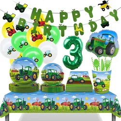 3rd Birthday Green Tractor Theme Disposable Tableware Paper Cup Plates Balloon Truck Vehicle Excavator Kids Boys Party Decorates