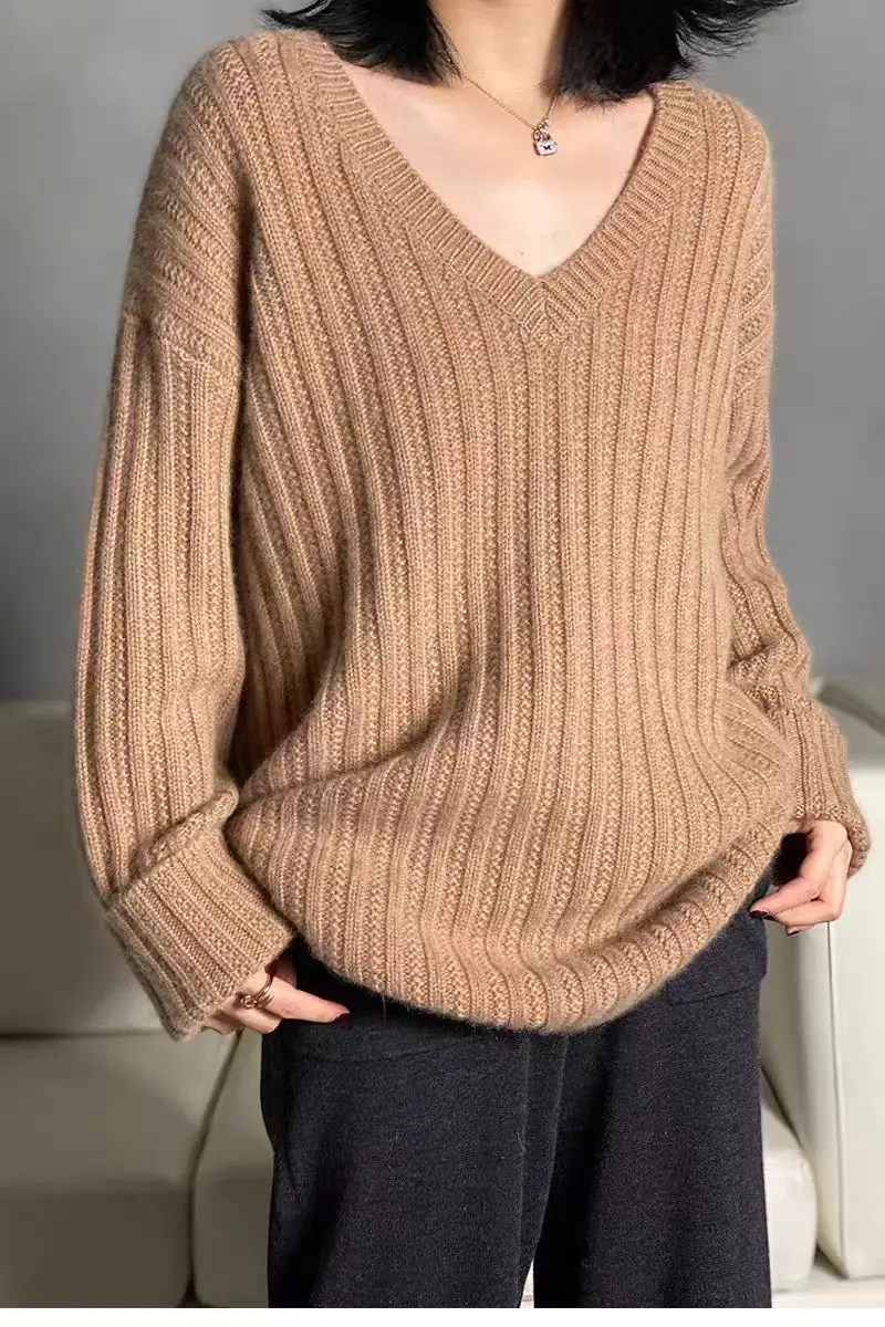 

Женский пуловер с v-образным вырезом из 100% мериносовой шерсти, свободный средний длинный осенне-зимний повседневный модный вязаный кашемировый свитер