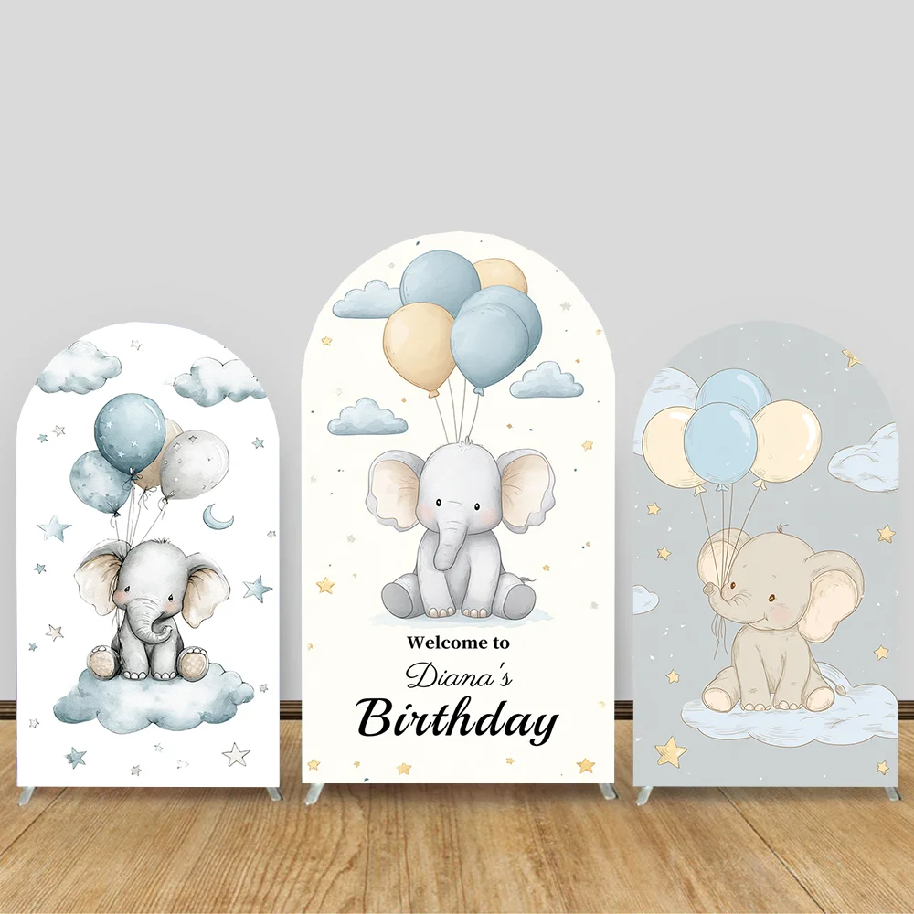 

Happy Birthday Arch Backdrop Cover Hot Air Balloons Cute Bear Stars Cloud Arch Elastic Wall Background Boy Birthday Party Decor