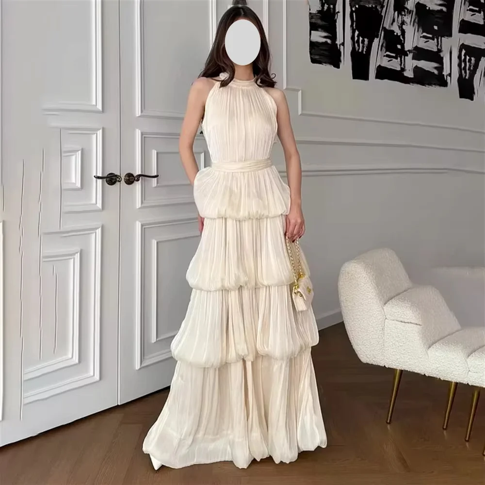 Adore Halter A Line Tiered Pleated Saudi Sharon Customized Luxurious For Women Evening Dresses Floor Length Gown Prom Dresses