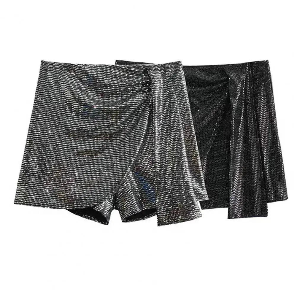 Women Polyester Shorts Sparkling Sequin Women's High Waist A-line Mini Culottes for Party Performance Beach Irregular Above Knee