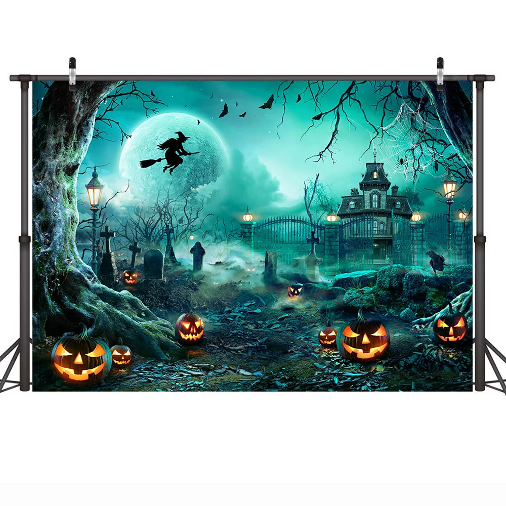 Счастливый Хэллоуин, баннер для вечеринки, фотофон, замок, кладбище, луна, ночь, тыква, фонарь, фон, ведьма, трюк или жизнь, принадлежности