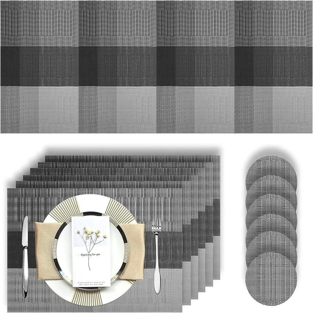 مجموعة من 6 مفارش وأكواب أنيقة من الفينيل المنسوج، مفرش مكان مقاوم للحرارة وغير قابل للانزلاق وقابل للغسل لفرش طاولة الطعام