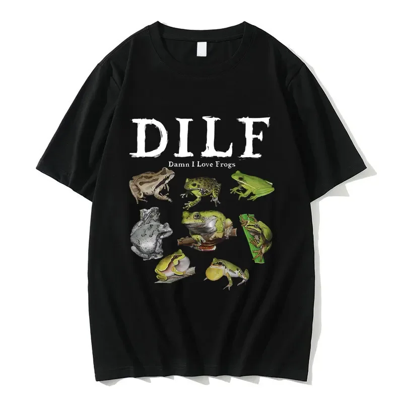 Retro Dilf ama las camisetas con estampado de ranas con diseños divertidos y expresivos de ranas para uso casual de mujer, perfectos para el verano.