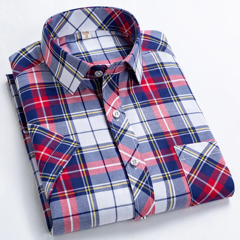 Blue And White Plaid Shirt Men Shirts 2024 New Summer Fashion Chemise Homme Mens Checkered Shirts Short Sleeve Shirt Men Blouse