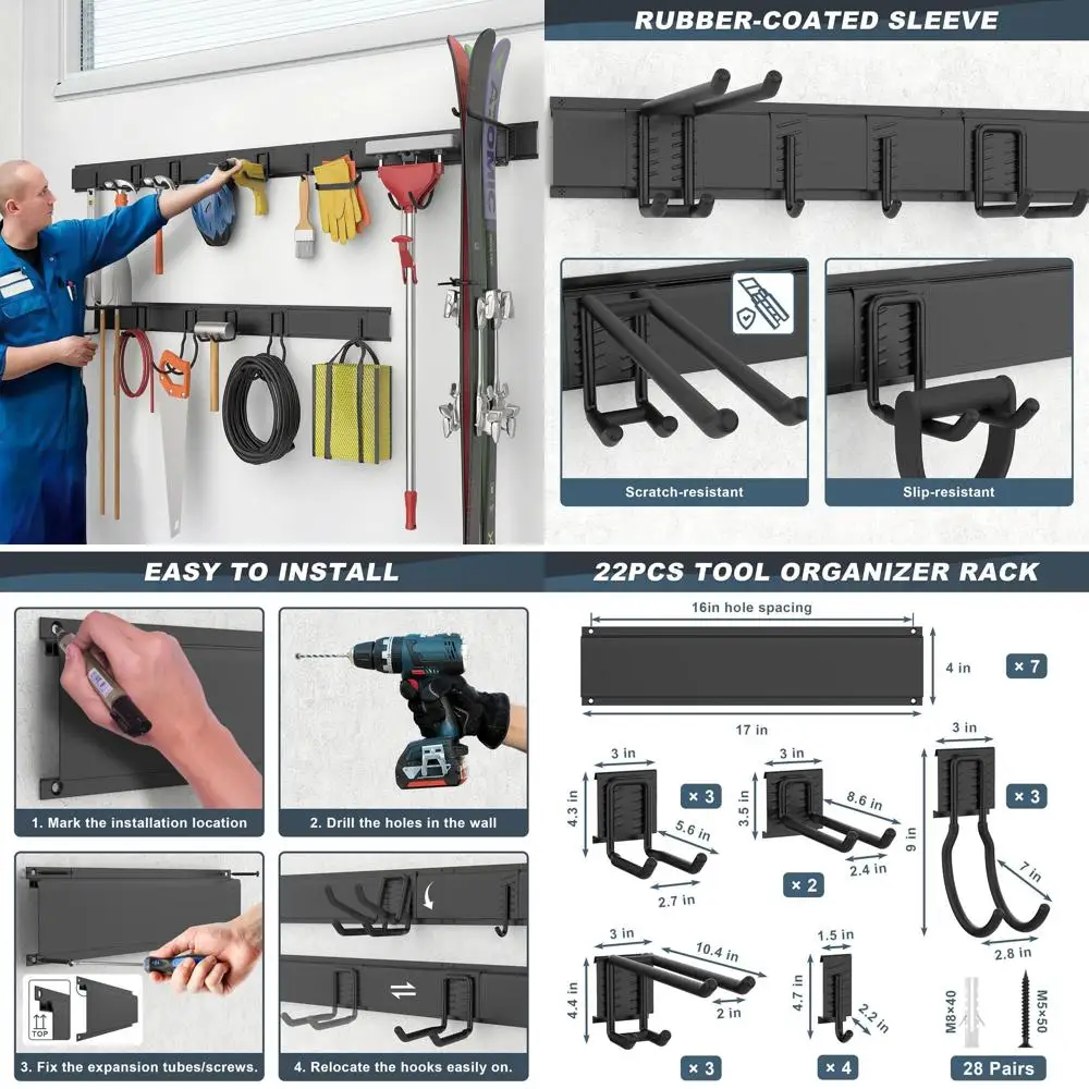 

Сверхмощный настенный органайзер для гаража из 22 предметов с 15 крючками для инструментов и садового оборудования