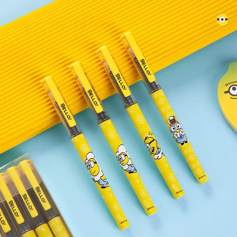 4pcs Minions Ball Pen Despicable Me Cute Cartoon Quick-drying Gel Pen Needle Type Straight Liquid Ballpoint School Stationery