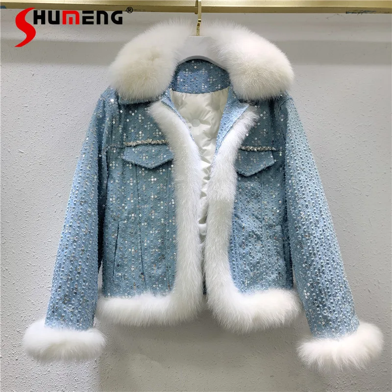 

2024 Winter New High Street Sequined Denim Coat Splicing Real Fur Collar White Duck Down Liner Thickened Warm Down Denim Jackets