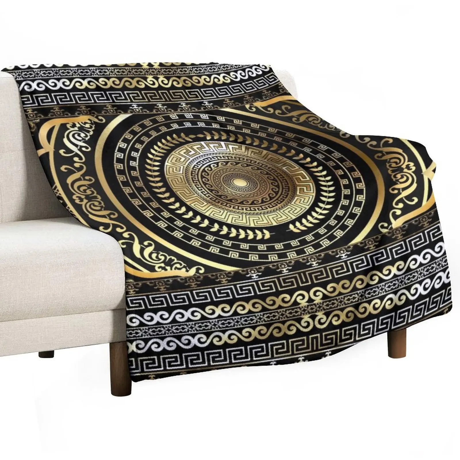 Greek Key Border Gold Black Meander Design Throw Blanket Soft Big Sofa Beautifuls Soft Blankets