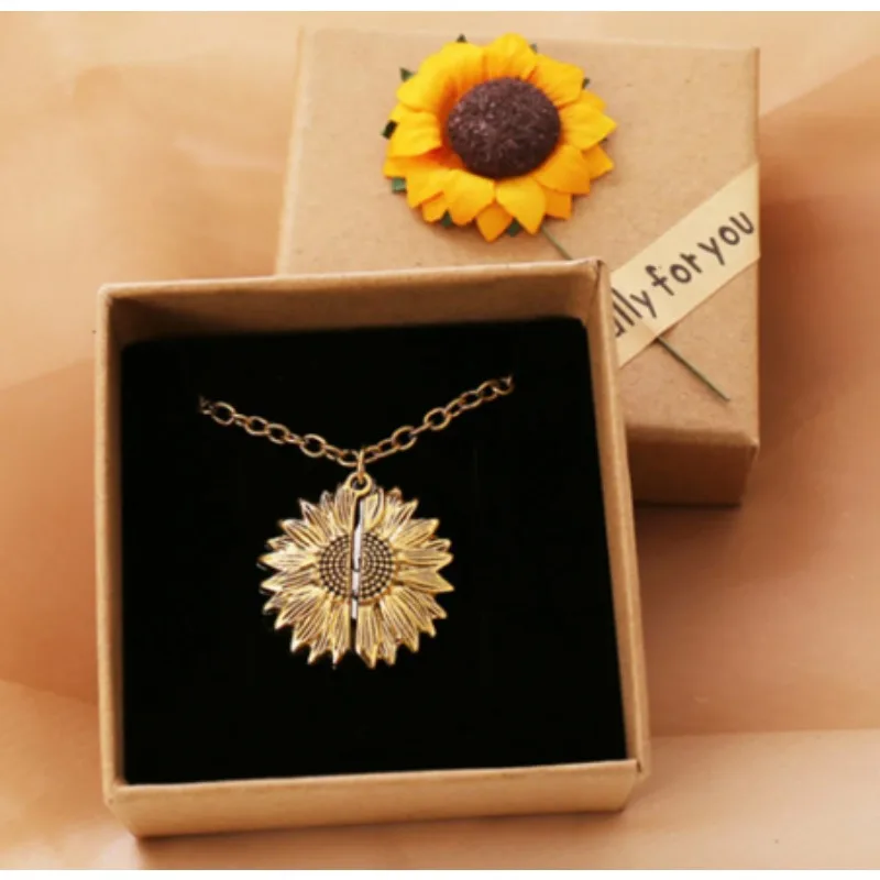 Sunflower Necklace Double-layer Engraved Can Be Opened and Closed Pendant for Women Gold Color Daisy Choker Necklaces Jewelry