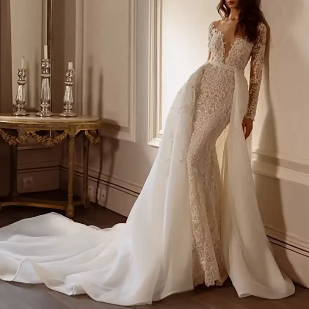 클래식 v 넥 Appliuqins 레이스 백리스 풀 슬리브 분리형 신부 웨딩 드레스 신부 가운 Cuastomized
