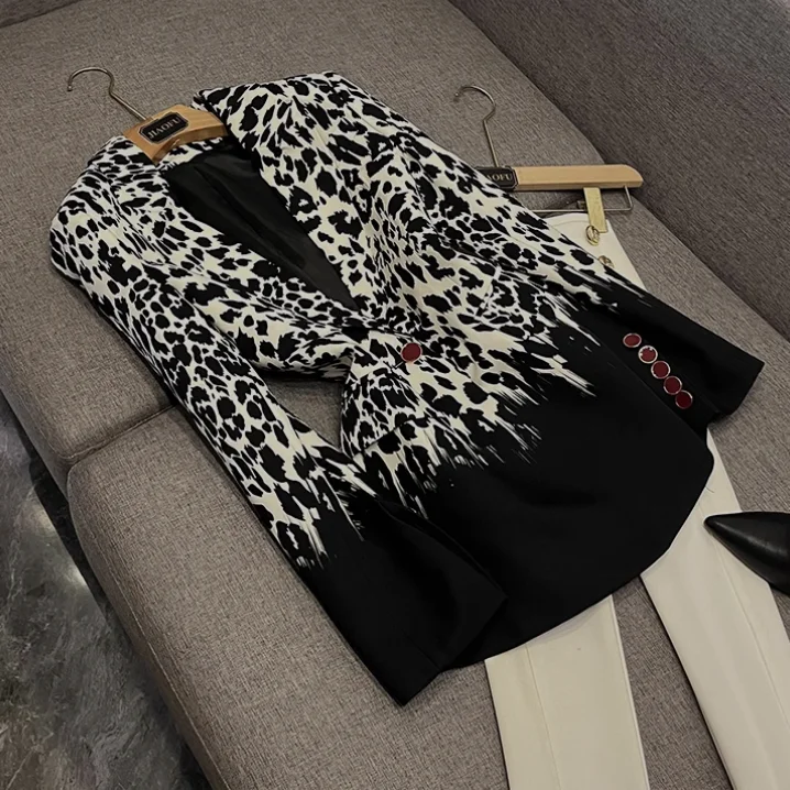 Designed Leopard Lady Office Wear Notched Long Sleeve Single Buttons Women Casual Slim Blazer