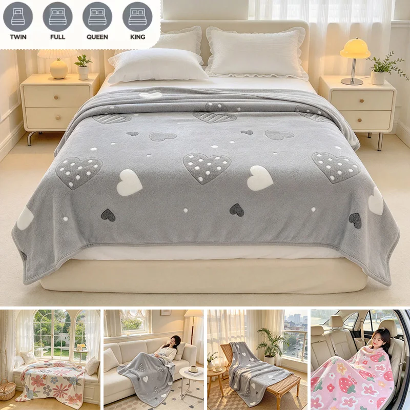 Soft Fleece Blanket Sweet Heart Flower Pattern Cozy Warm Throw Blanket for Bedroom Living Room Car Twin King Double Queen Bed