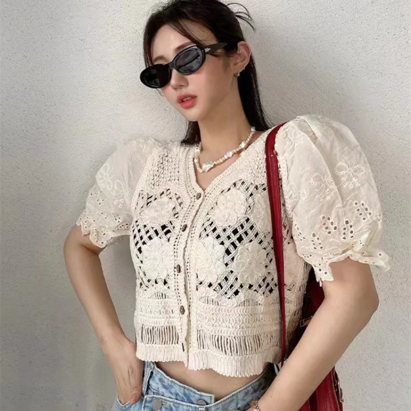 Japanese Style Puff Sleeve Single Breasted Lace Crop Top Women Summer Fashion Casual Elegant Lovely Ladies Blouses Dropshipping