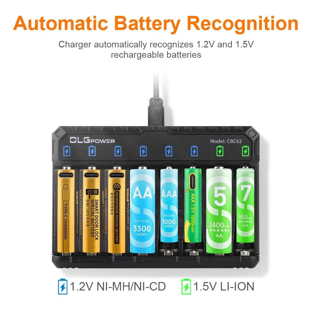 DLGPOWER 8-slot standalone smart battery charger automatically recognizes 1.2V NI-MH/NI-CD/1.5V LI-ION batteries