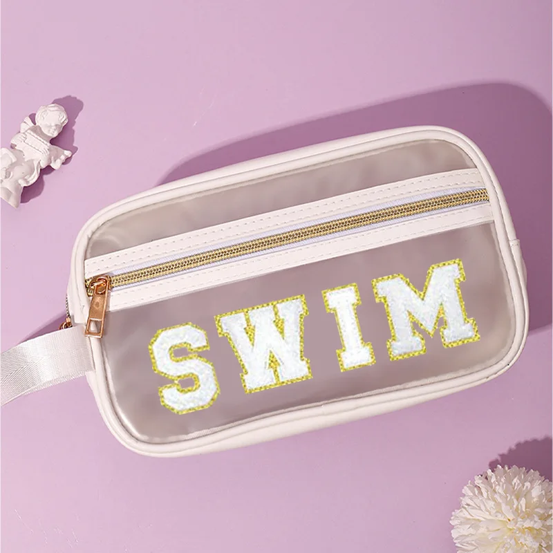 

Transparent PVC Hand-Held Makeup Bag Embroidered Letter Cosmetics Toiletries Bag Washing Pouch Large Capacity Travel Case Purse