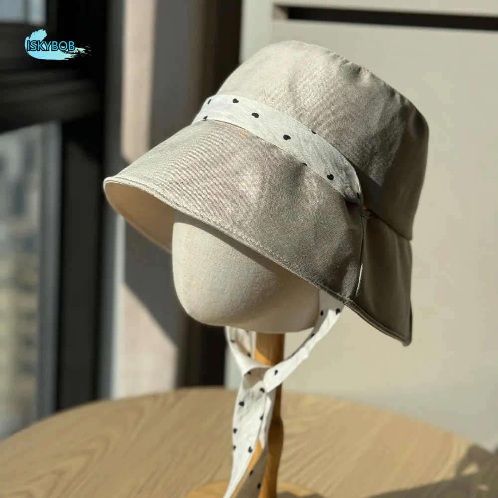 Polka Dot Ribbon Women Fisherman Hat Solid Color Wide Brim Sunshade Hat Breathable Sun Protection Sunscreen Visor Cap Girl