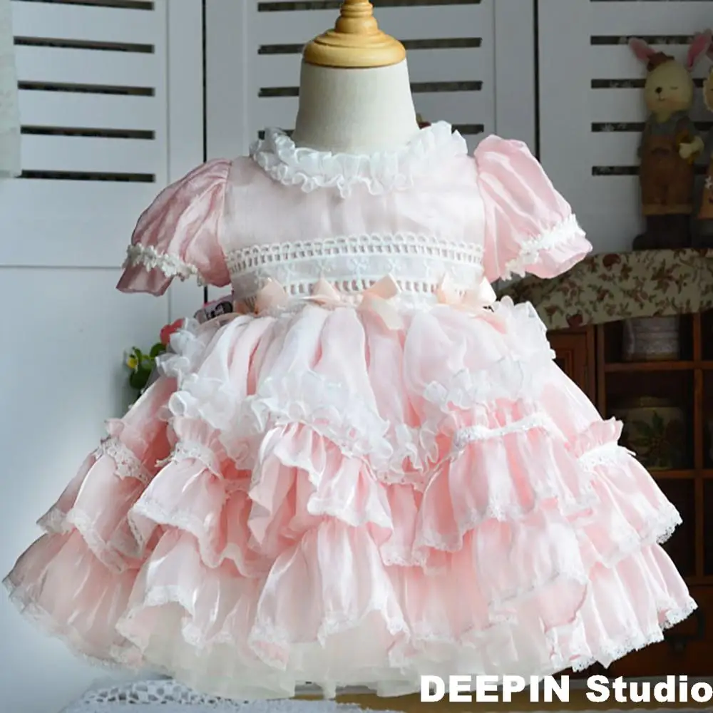 

Girls Lolita Dresses 2024 Spring New Kids Palace Retro Style Children's Tutu Dress Embroidered Short-Sleeved Cute Princess Dress