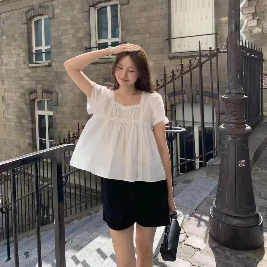 

Korean Style Sweet Anti-Aging Slimming Short Sleeve White Lace Square Collar Doll Shirt Women's Loose Fit Bubble Sleeve Blouse