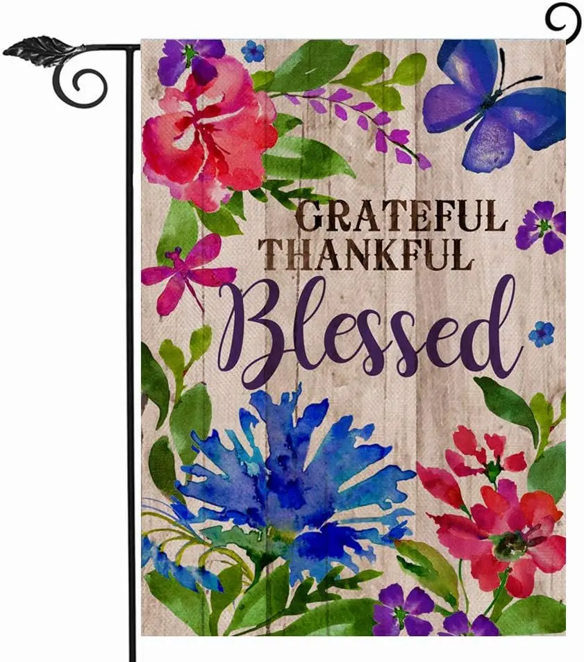 Hzppyz Grateful Thankful Blessed Thanksgiving Garden Flag, Decorative Small Outdoor Flag Flower, Rustic Burlap Christmas Hou PPZ