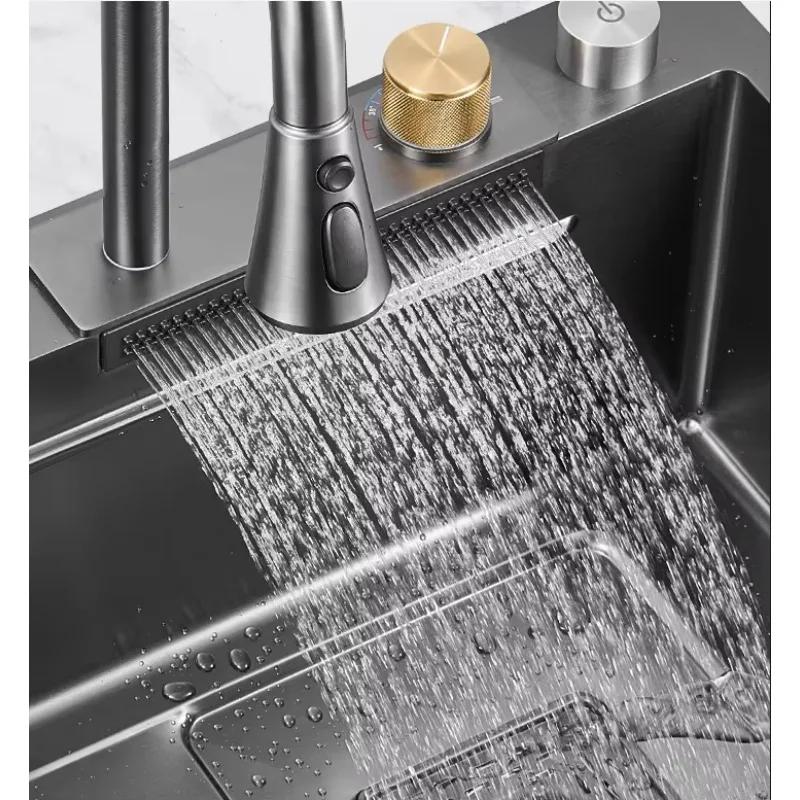 Complete Whole Set Waterfall Kitchen Sink Big Single Bowl With Dish Rack Under Mount Sinks Stainless Steel Carton Box Modern Gua