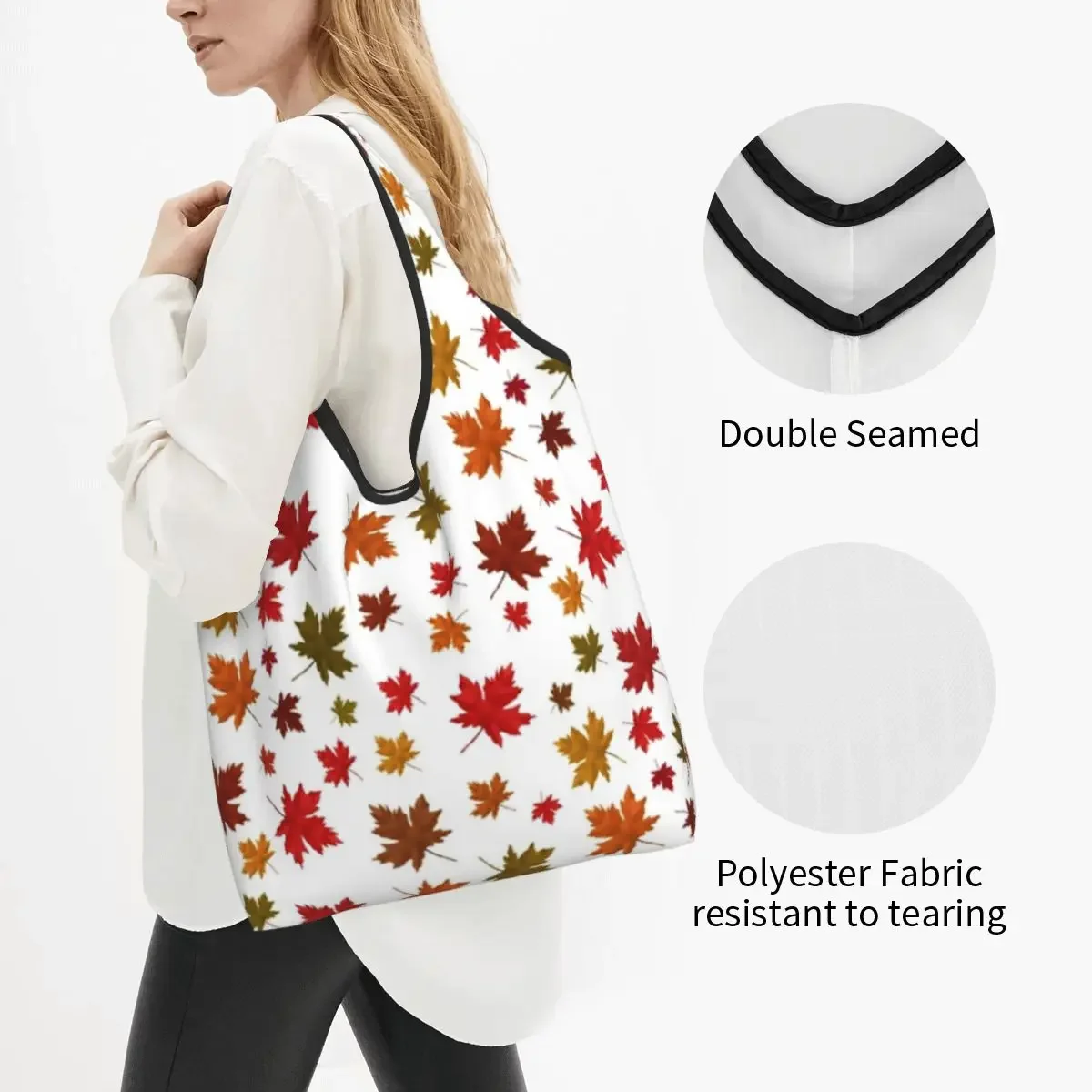 Large Reusable Maple Leaves Pattern Grocery Bags Recycle Foldable Leaf Shopping Tote Bag Washable Lightweight