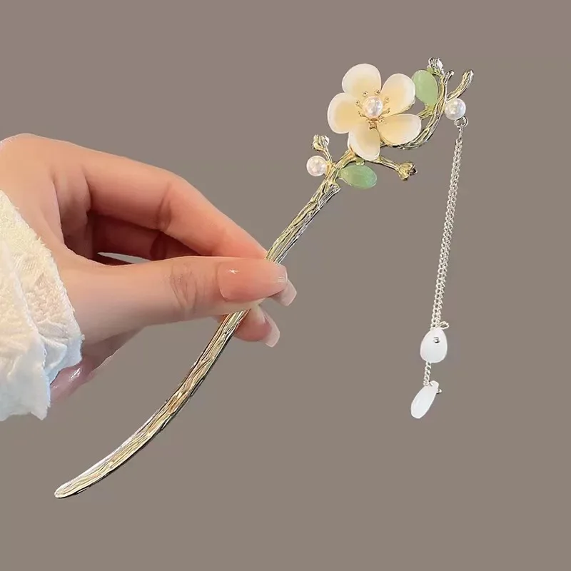 

Modern Hair Stick Ink Flower Metal Tassel Hairpin Forks For Women Black Beads Fringe Hair Clasp New Chinese Hanfu Hair Jewelry