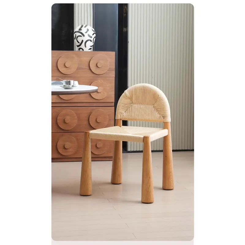 Vintage Solid Wood Rattan Dining Chair Home Designer Medieval Style Single Bed and Breakfast Rope Backrest Chair