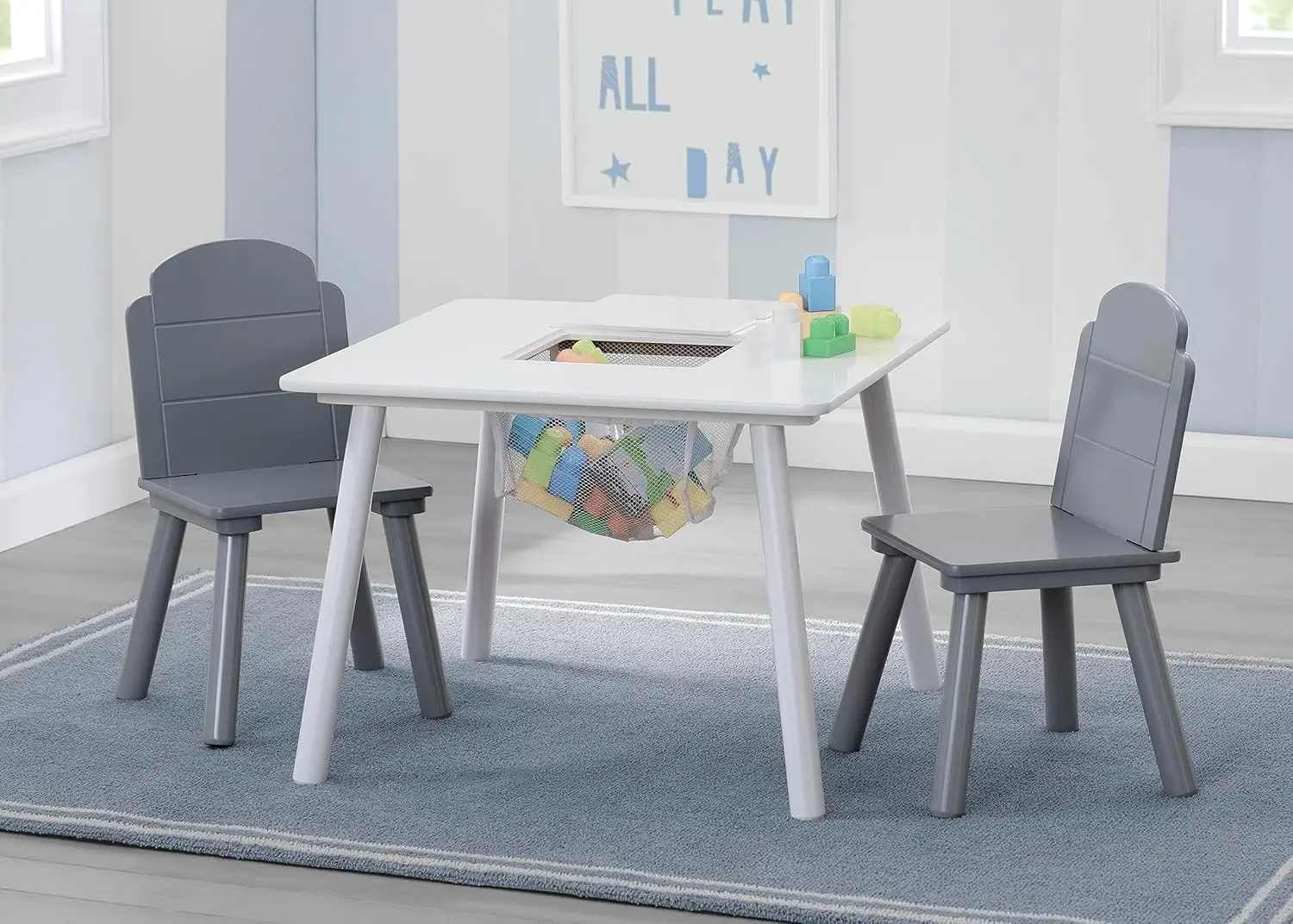 Kids Table and Chair Set with Storage, White/Grey - Perfect for Playroom or Study