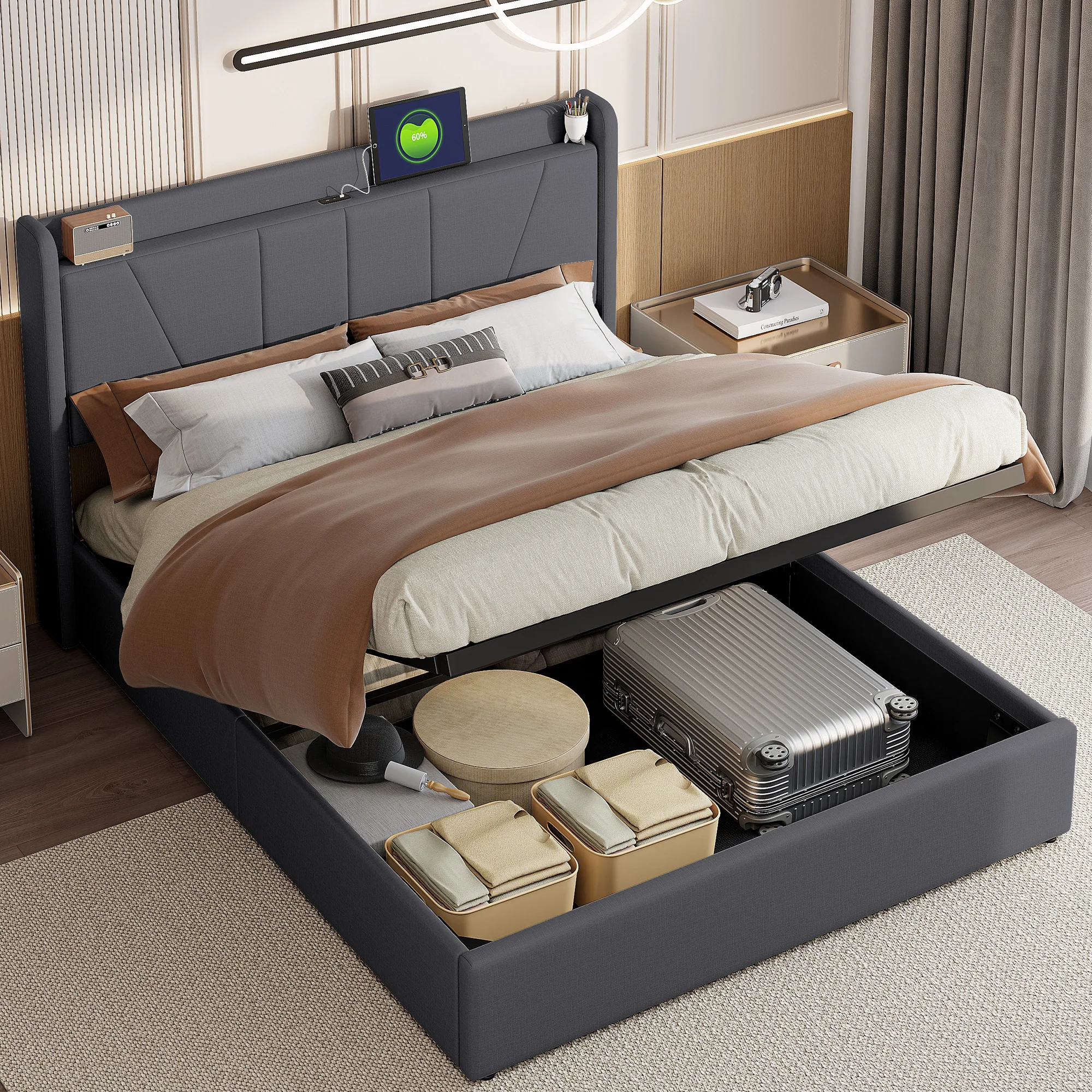Cama Doble Tapizada Rosahqnda con Espacio de Almacenamiento Debajo de la Cama, Cabecera LED con USB/Tipo C, Estructura de Cama con Almacenamiento y Base de Láminas
