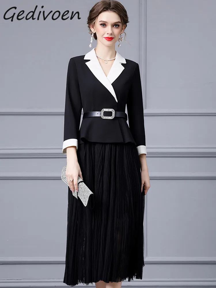 Gedivoen Autumn Fashion Designer Black Vintage Dress Women Lapel Long Sleeve Sashes Gathered Waist Mesh Spliced Slim Long Dress