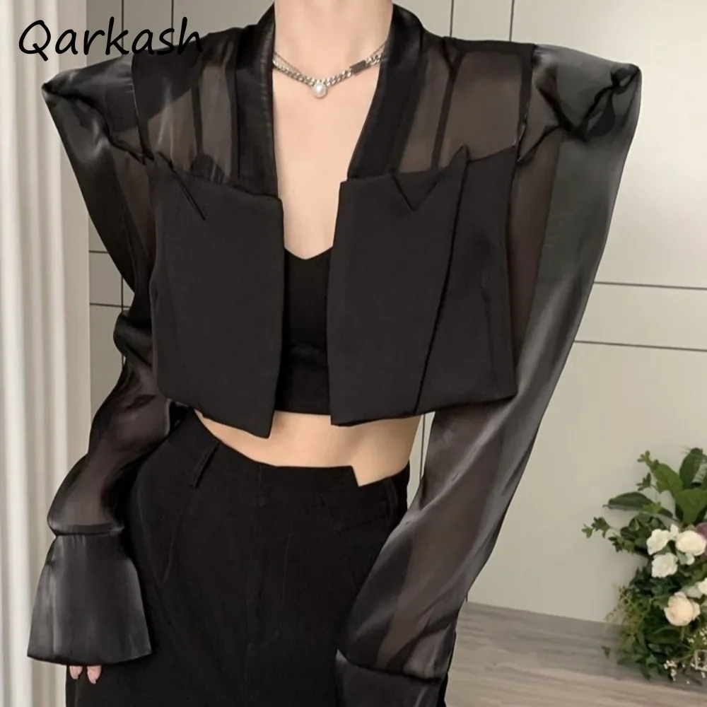 Women Blazers See Through Crop Tops Ins Patchwork Mesh Long Sleeve Sun-proof Fitness Breathable Fashion Korean Style Creativity