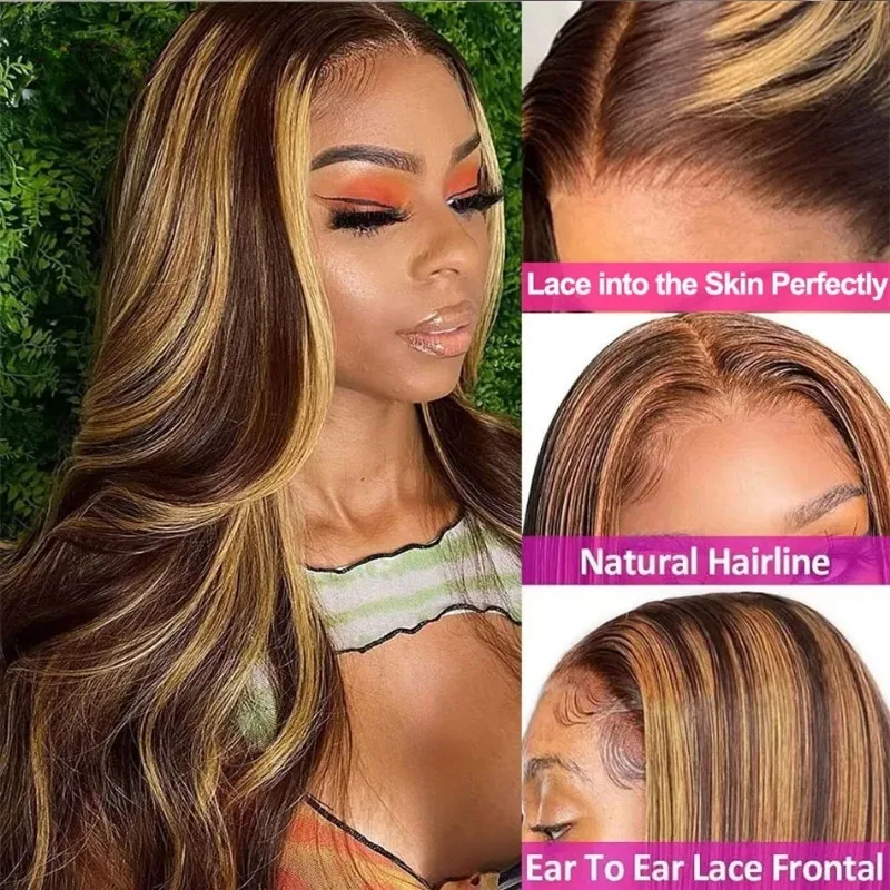 

4/27 Highlight Wig Human Hair 13x4 Straight Lace Frontal Human Hair Wigs For Women Ombre Blonde Brown Piano Color Lace Front Wig