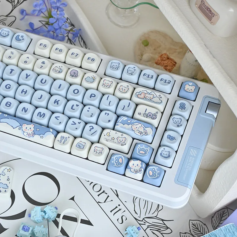 Ice Cream Bears Keycap 131 keys MOA height PBT Thermal sublimation Sky Blue mechanical keyboard Caps Cute Blue keycap