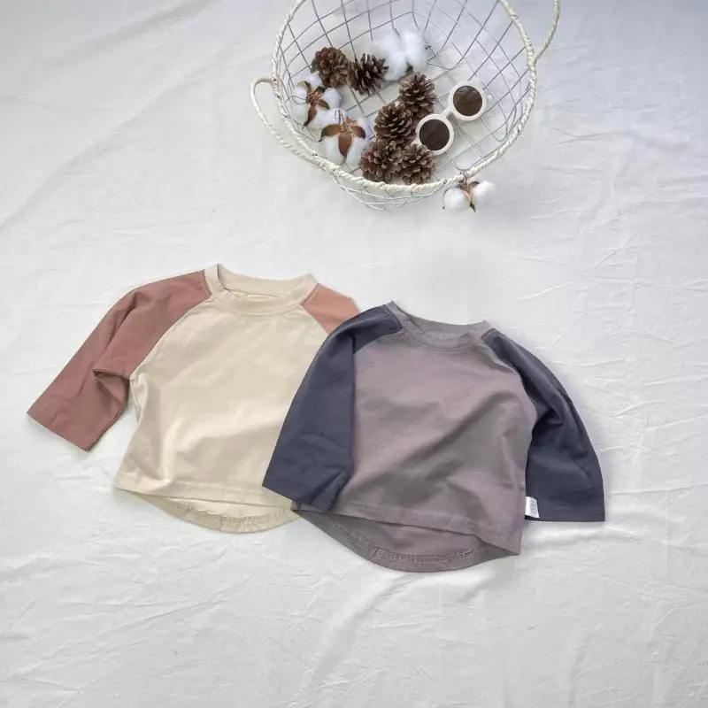 2026 Spring New Baby Long Sleeve T Shirts Solid Infant Boy Loose Casual Tee Girls Patchwork Tops Toddler Cotton Clothes