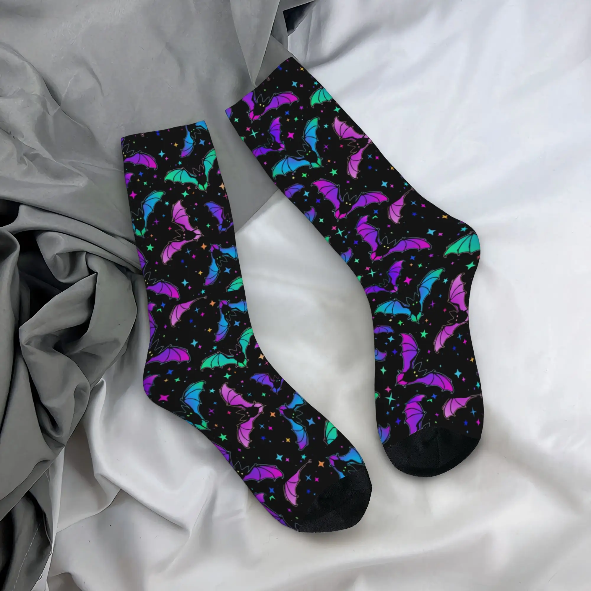Casual Bats and Star Gothic Harmonious Pattern Soccer Socks Halloween Polyester Long Socks for Women Men Non-slip