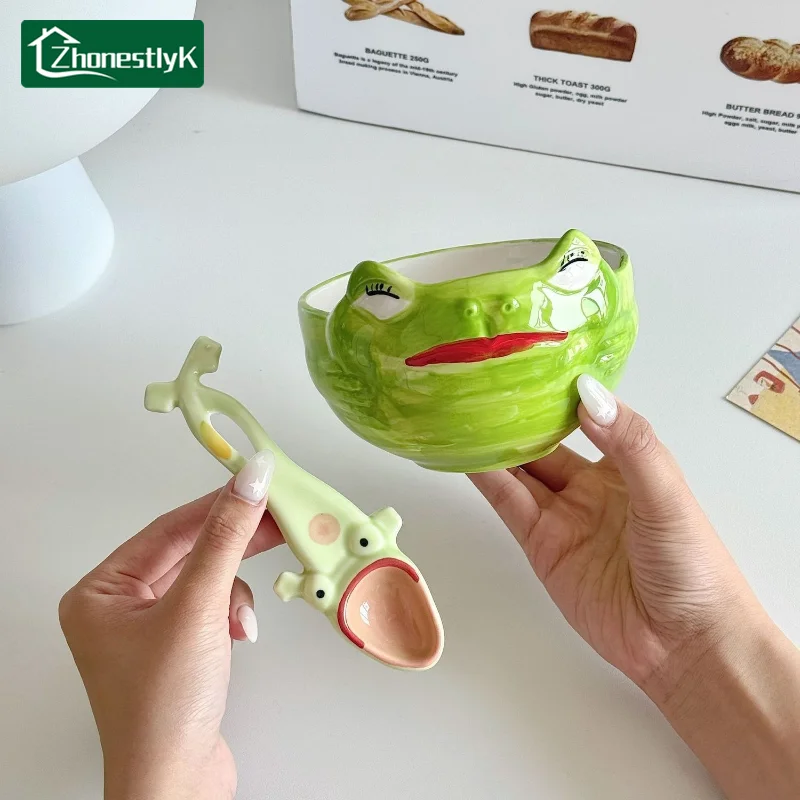 Cute Frog Shaped Ceramic Salad Bowl with Spoon Family Fruit Snack Dinner Bowls Cartoon Tableware Kitchen Utensils Accessories