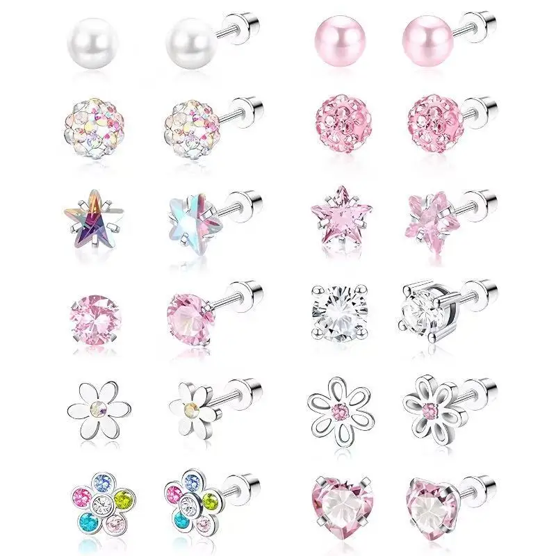 Pendientes quirúrgicos hipoalergénicos de acero inoxidable para niñas, niños y mujeres, 12 pares de aretes con tornillo trasero para orejas sensibles