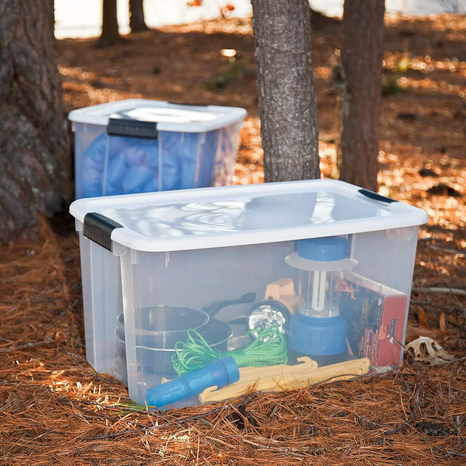 

70 Qt Ultra Latch Box, Stackable Storage Bin Lid, Plastic Container with Heavy Duty Latches To Organize, Clear and White