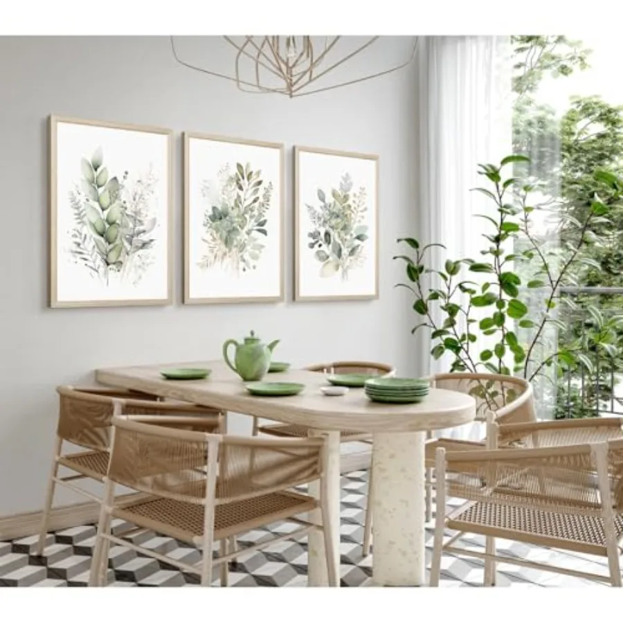 Boho floral wall art set of 3 for bedroom bathroom: sage green watercolor botanical prints on canvas, wood framed, 16x24 inch, - view 5