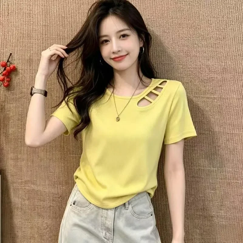 Yellow Solid Color Loose T Shirt With Hollow Out Shoulder Detail Short Sleeve Casual Women Top Summer Beach Wear