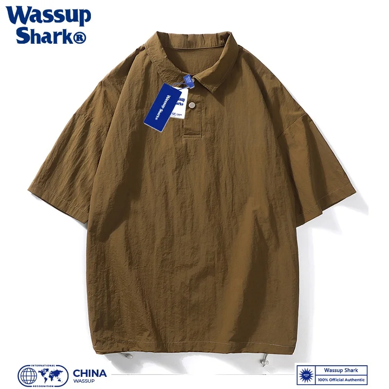 Wassupshark 마운틴 스타일 아이스 실크 빠른 건조 티셔츠 남성 여름 짧은 소매 스타일 빈티지 폴로 셔츠 옷깃 하프 슬리브 얇은