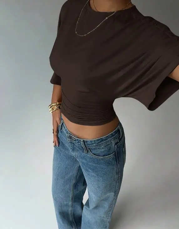 

Women's Top Autumn Solid Color Navel Exposed Mid Sleeve T-Shirt Short Tight Top Sexy Tight Waist Cinching Fashionable Retro Top