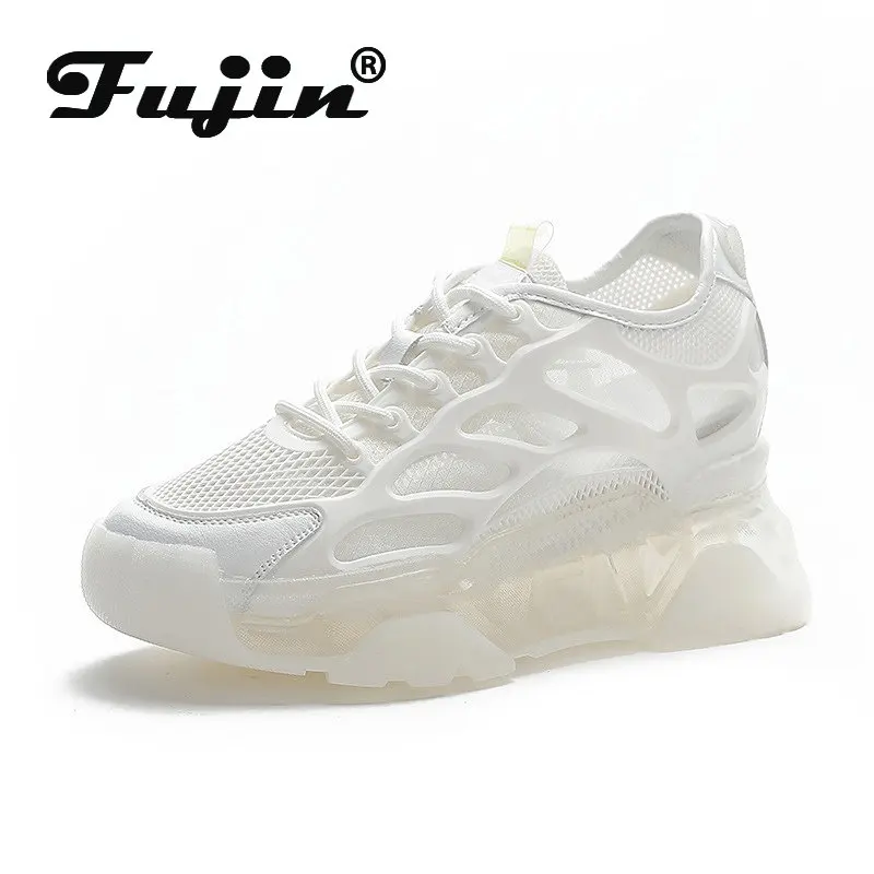 Fujin 8cm Platform Wedge Sneakers Women Shoes Genuine Leather Breathable Air Mesh Women Summer Shoes Chunky Spring Autumn 2024