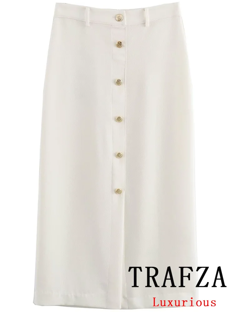 TRAFZA Vintage Casual Chic Women Skirt  White Solid Single Breasted Long Skirt New Fashion 2024 Summer Elegant Long Skirts