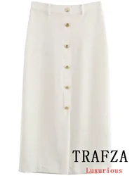 TRAFZA Vintage Casual Chic Women Skirt  White Solid Single Breasted Long Skirt New Fashion 2024 Summer Elegant Long Skirts