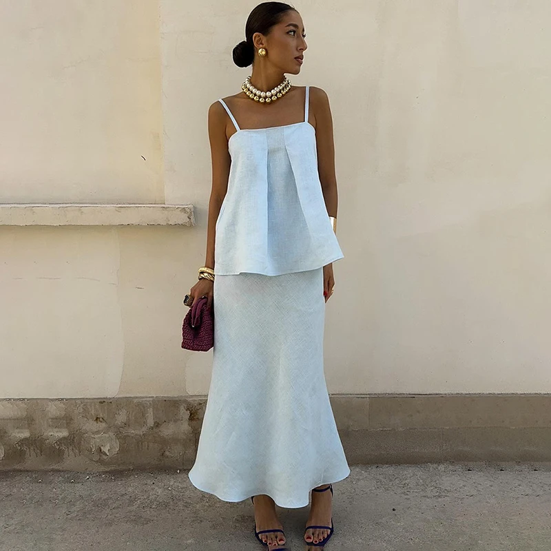 Tornova القطن الحمالة تنورة المرأة دعوى عادية فضفاض مثير حبال الأعلى الصلبة تنورة طويلة 2026 الصيف عطلة جديدة 2 قطعة مجموعة #5